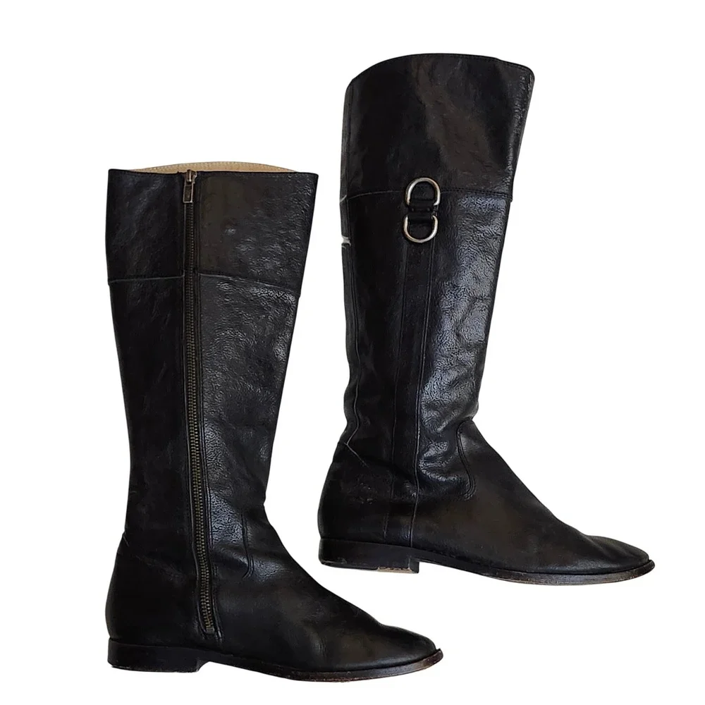Black Leather Knee-High Zip Boots